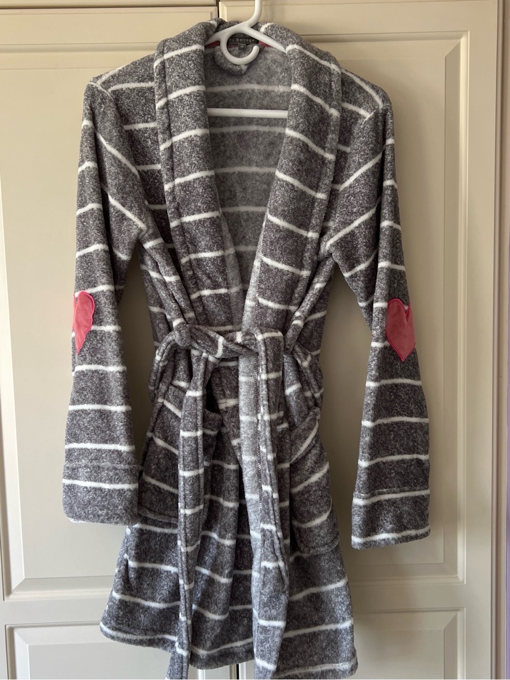 PJ Salvage Gray and Pink Plush Robe with Stripe Pattern